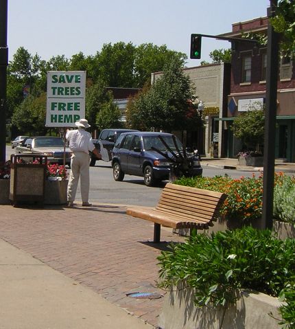 Man with sign: Save Trees/Free Hemp
